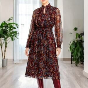 Lafayette 148 Harlan Ruffle Floral Silk Midi Dress Long Sleeves Antique Ruby S